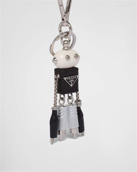 Steel/black Saffiano Leather Robot Bag Charm 